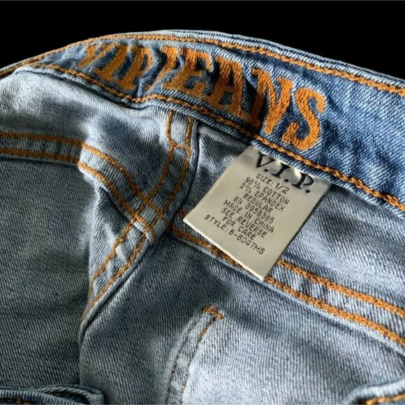 VIP GIRLS RIPPED DISTRESSED 5 POCKET DESIGN BLUE DENIM JEAN SHORTS SIZE 1/2 - Picture 9 of 16